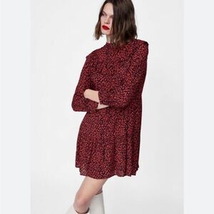 Zara Red and Black Long Sleeve Dress